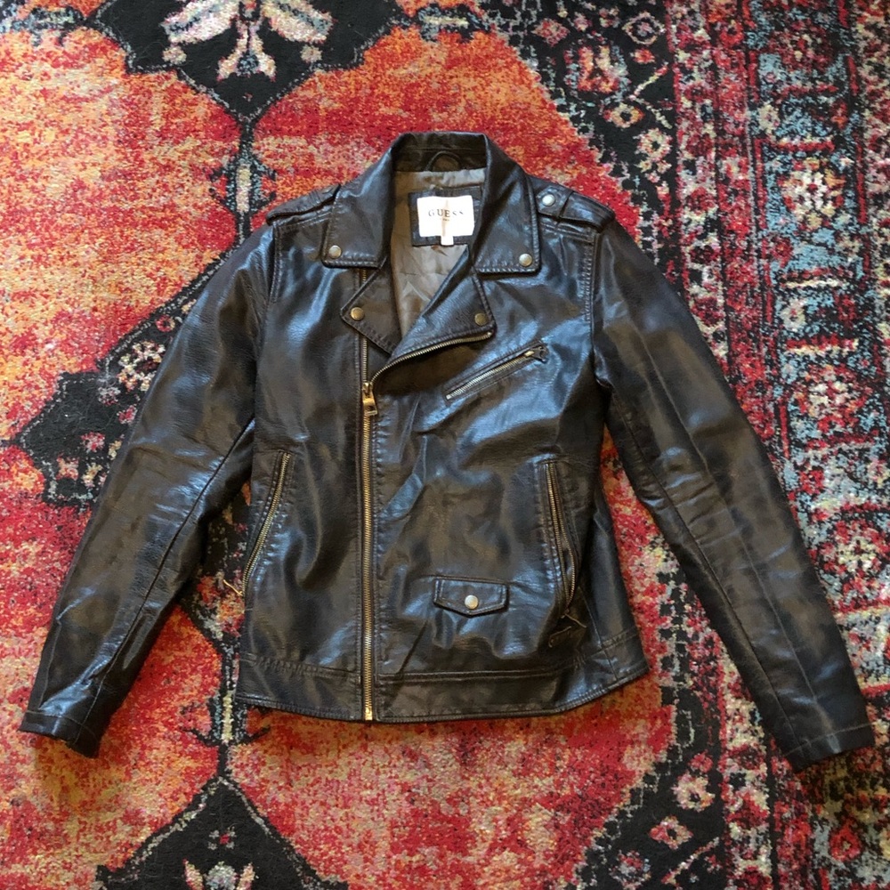 Guess Leather Biker Jacket Distressed